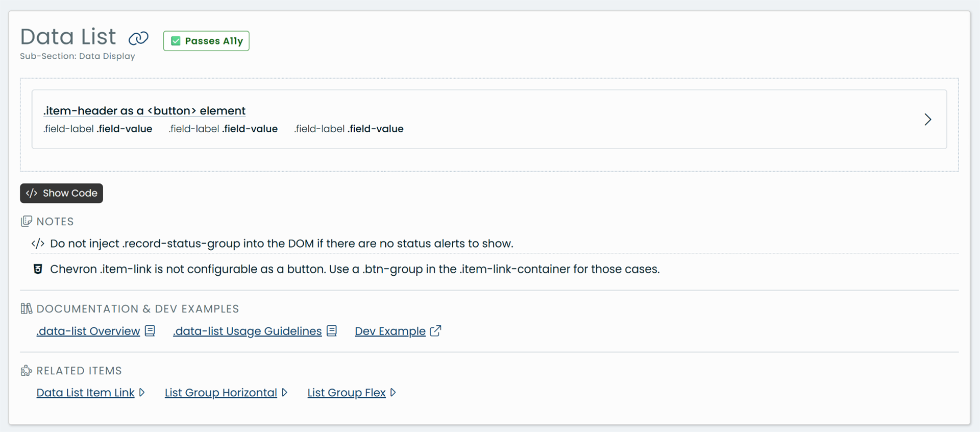 Screenshot of the data list pattern in the design system.